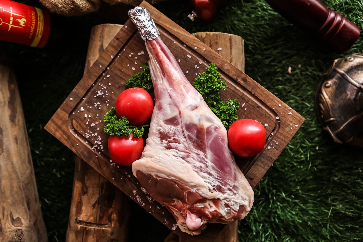 raw lamb leg wooden board prepared cooking salt tomato greens top view 141793 12469